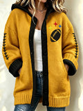 Women'S Football Print Casual Hooded Long Cardigan