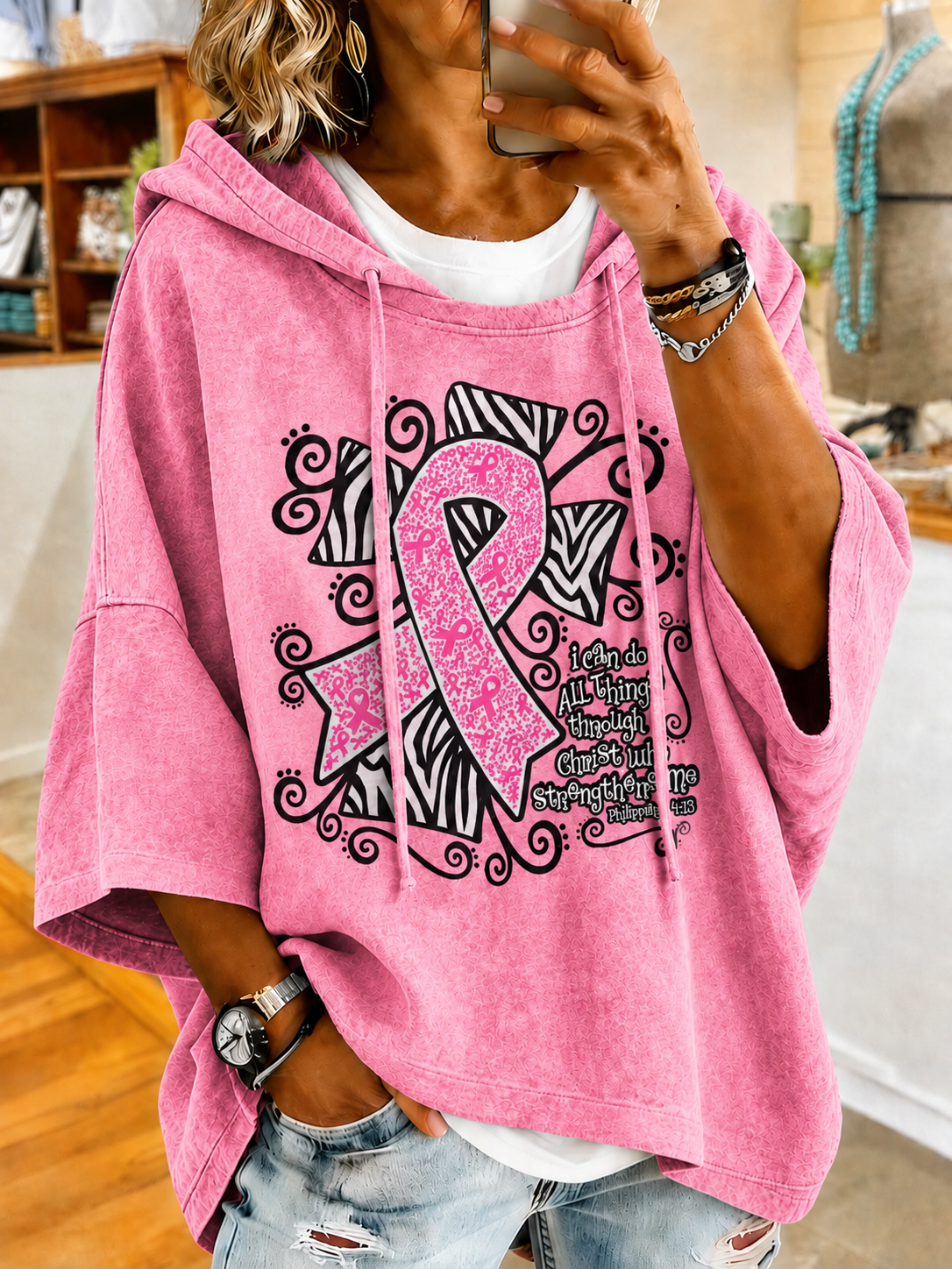 Women'S Vintage Breast Cancer Ribbon Print Hoodie