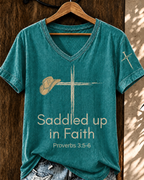 Women'S Retro WesternSaddled Up in Faith  V-Neck T-Shirt