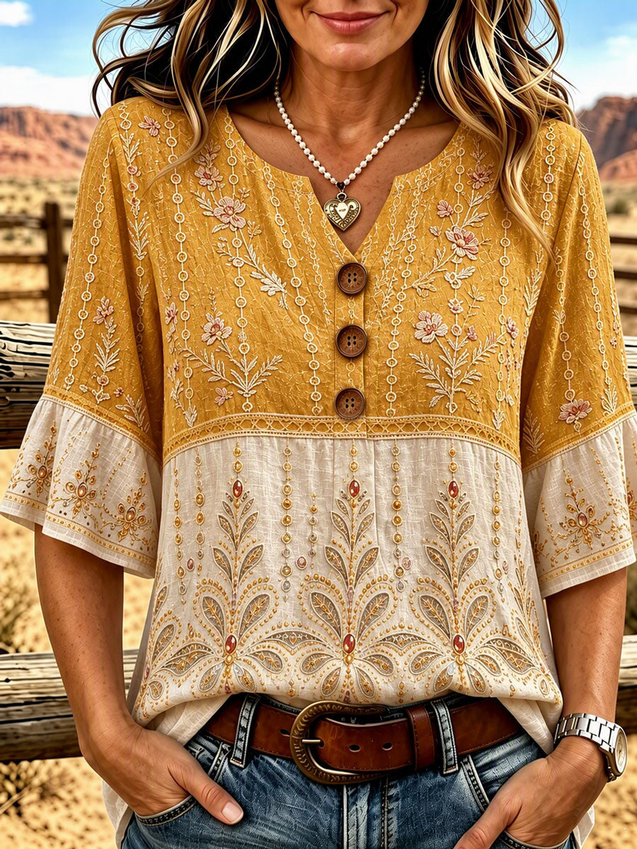 Ladies' Western Style Cotton Linen Casual Top