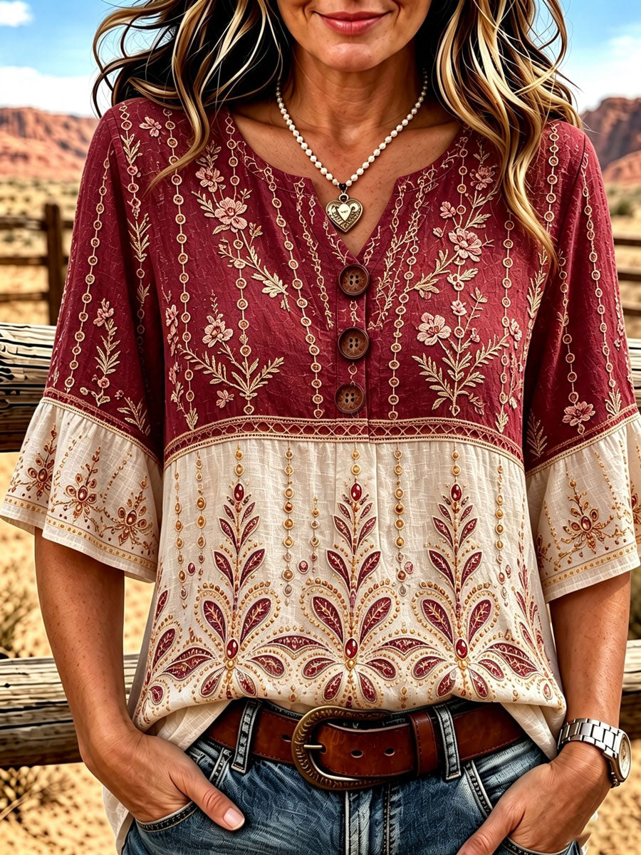 Ladies' Western Style Cotton Linen Casual Top