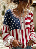 Women's American flag Patchwork Art Print Long Sleeve T-shirt