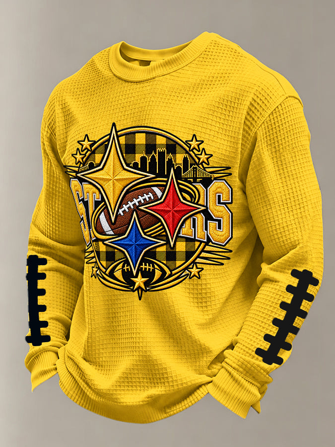 Men's Football Print Waffle Crewneck Sweatshirt