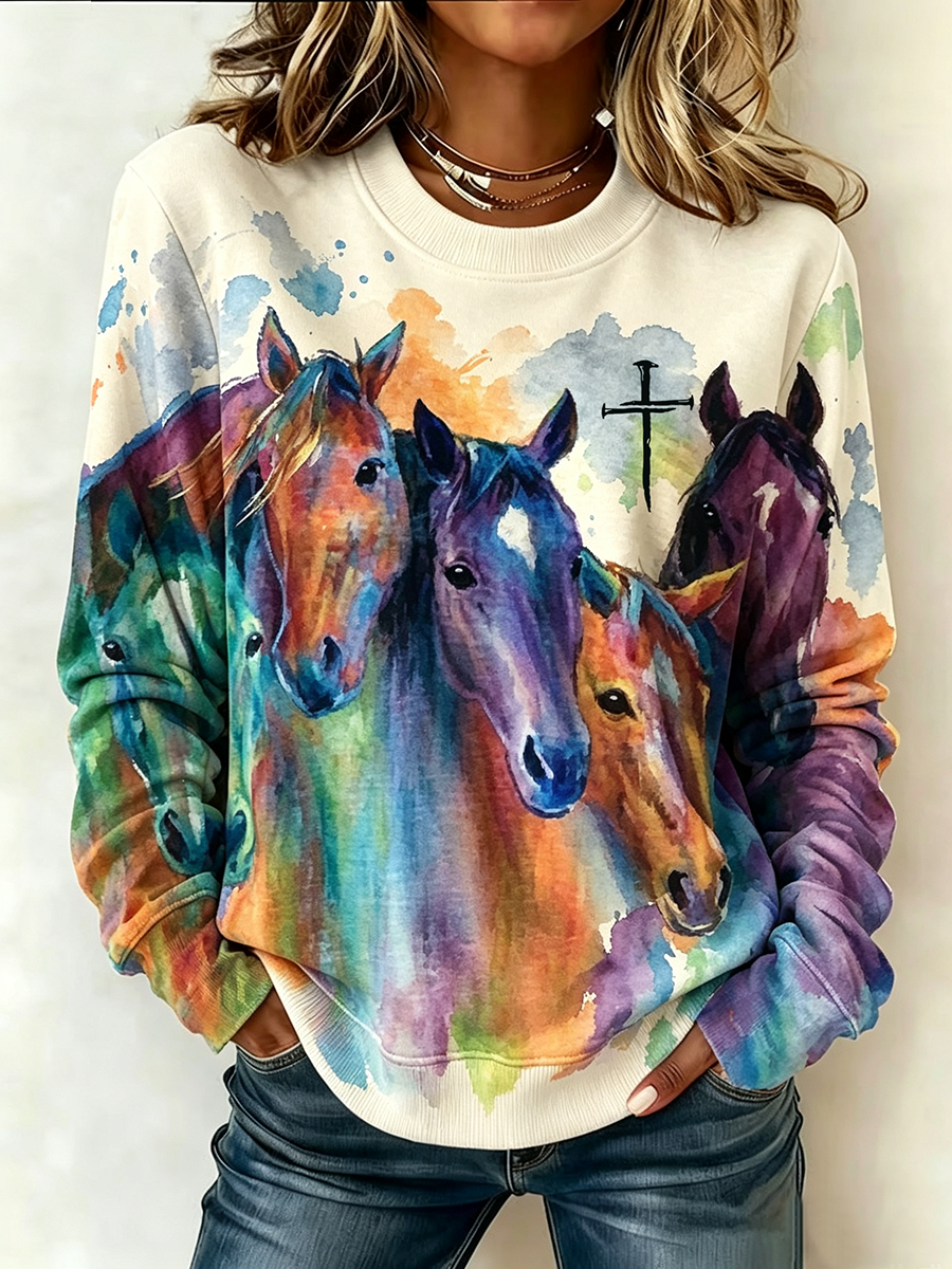 Ladies' Casual Horse Art Faith Printed Arctic Velvet Round Neck Top
