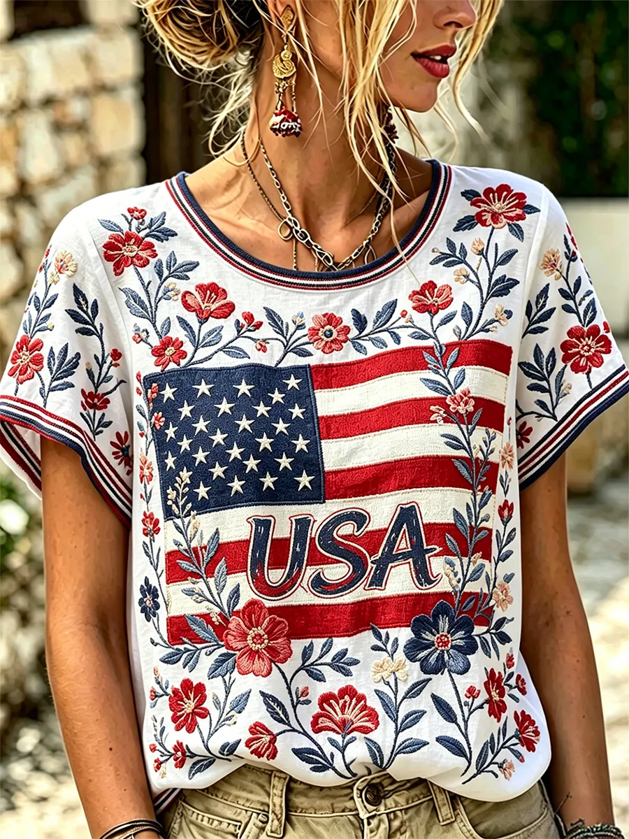Women's Independence Day printed cotton and linen round neck top