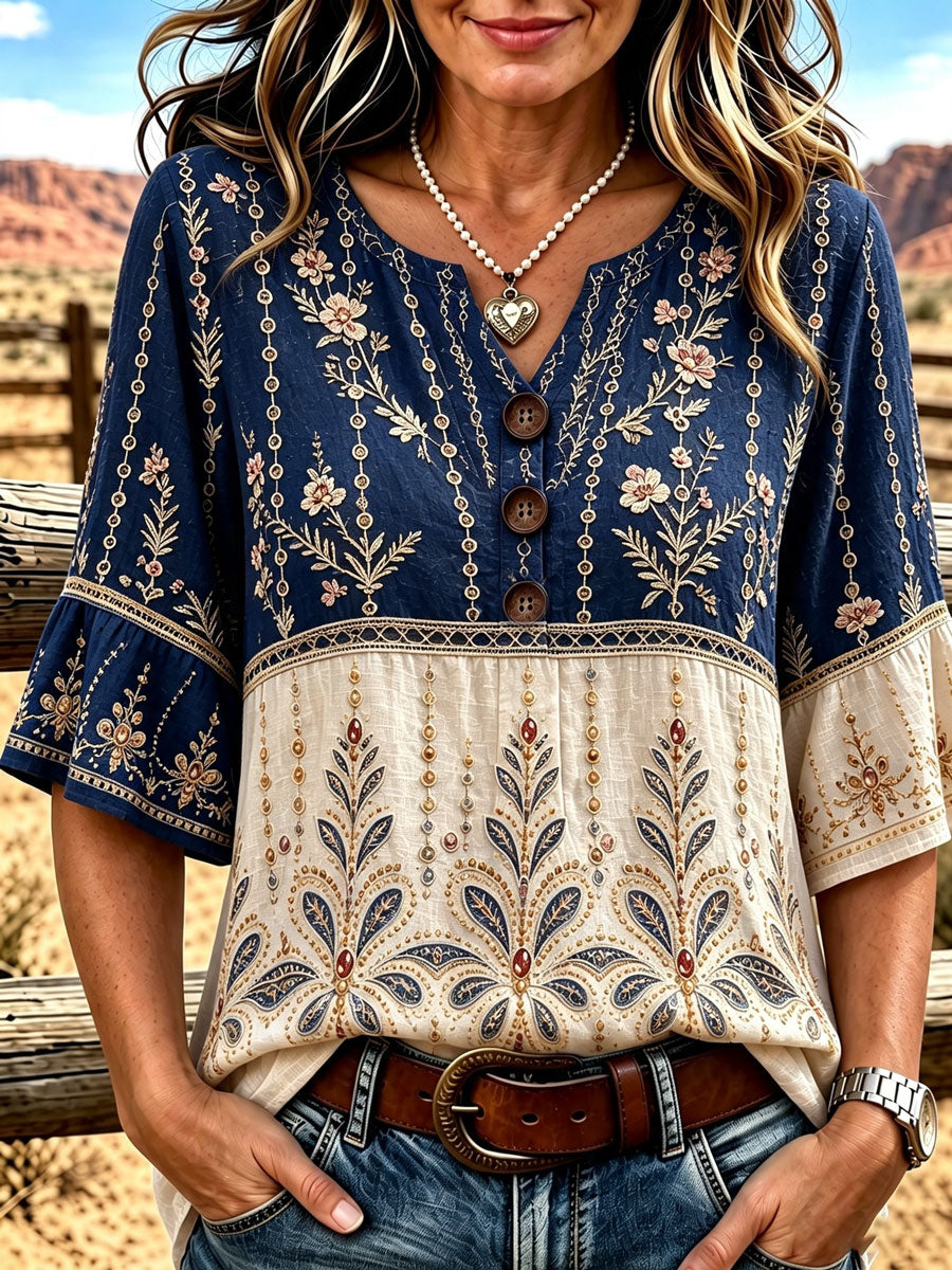 Ladies' Western Style Cotton Linen Casual Top