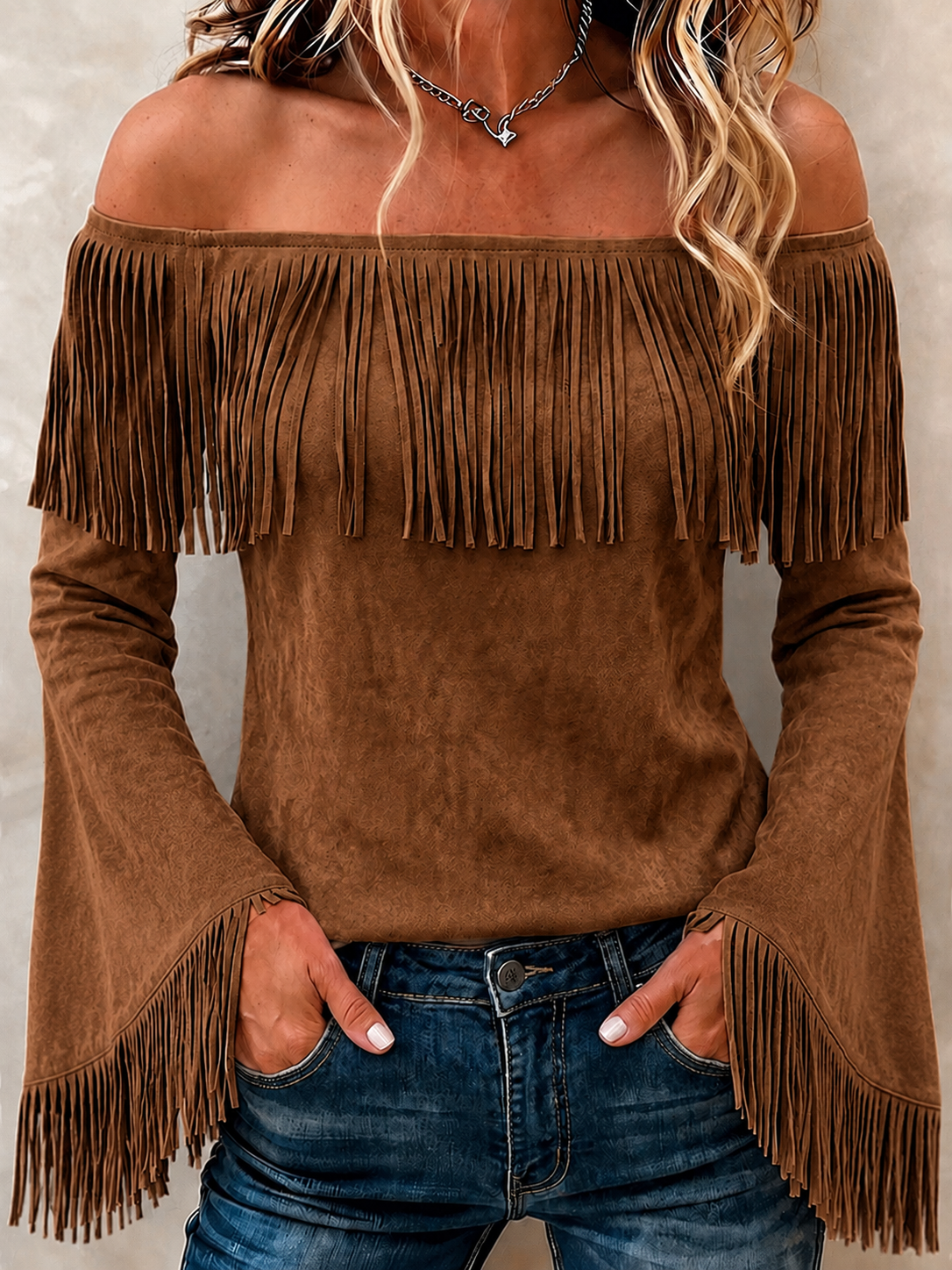 Women'S Solid Color Multi-Color Retro Suede Trumpet Sleeve Tassel Long Sleeved Top