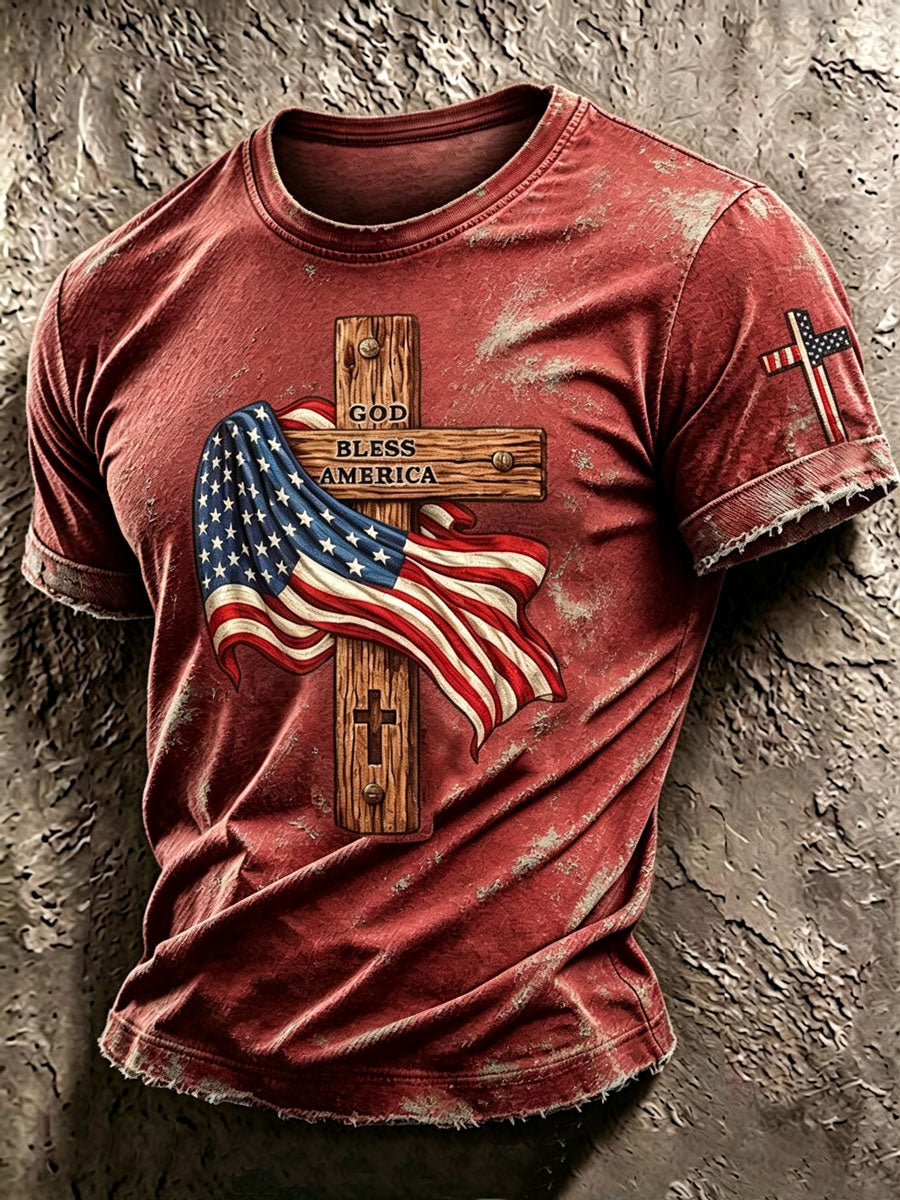 Men'S Retro American Flag Cross ���GOD BLESS AMERICA ���Pattern Short Sleeve T-Shirt