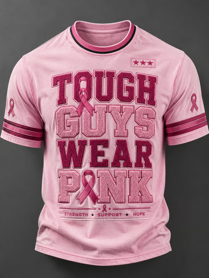 A man wore pink to support his loved one, wearing a printed crew neck top.