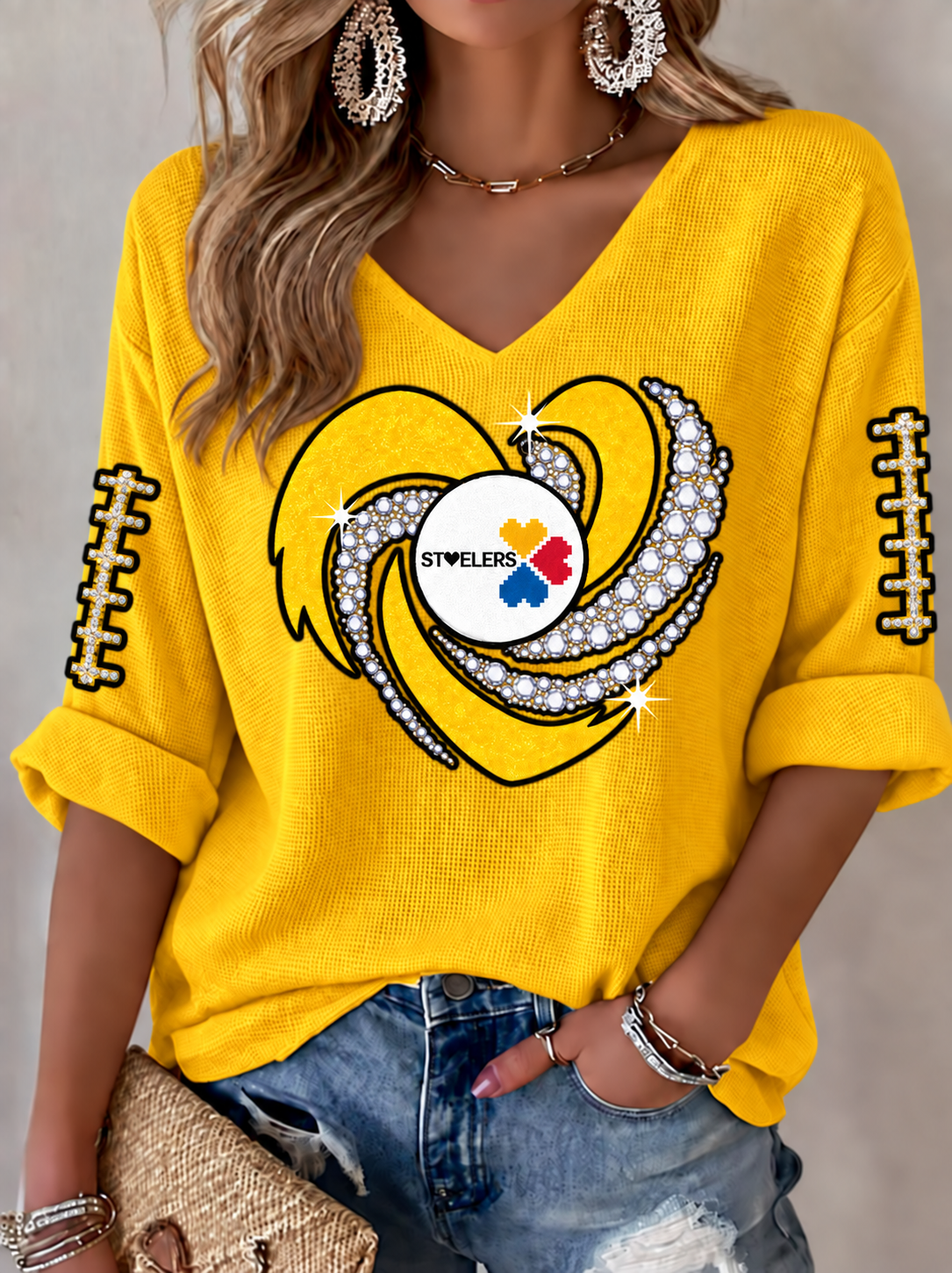 Women's Football Printed V-Neck T-Shirt