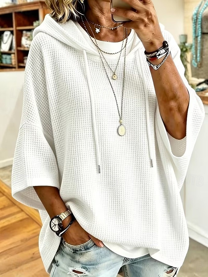 Women'S Solid Color Checkered Hooded Sweatshirt