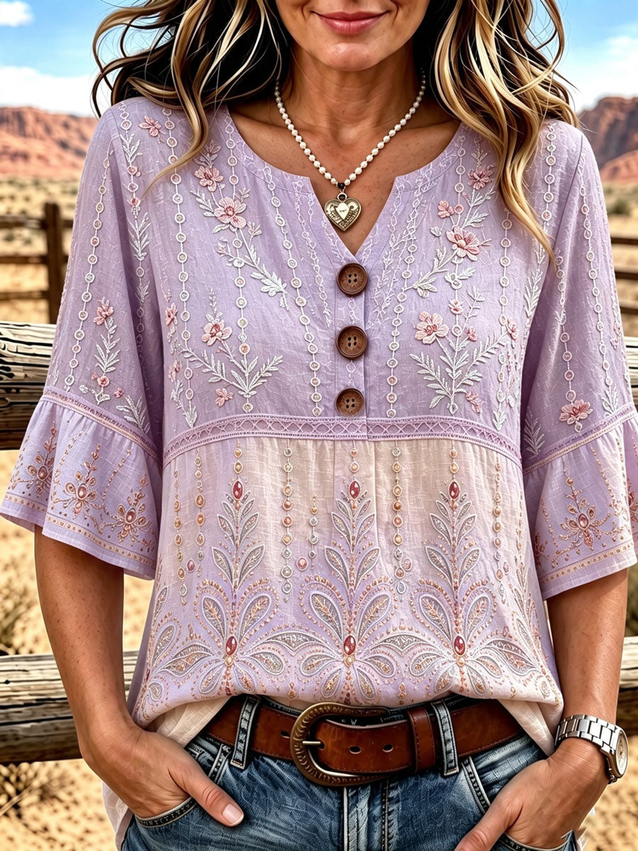 Ladies' Western Style Cotton Linen Casual Top