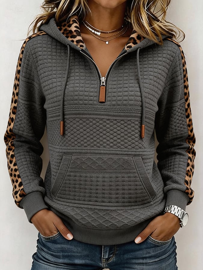 Women'S Retro Texture Patchwork Leopard Print Hoodie
