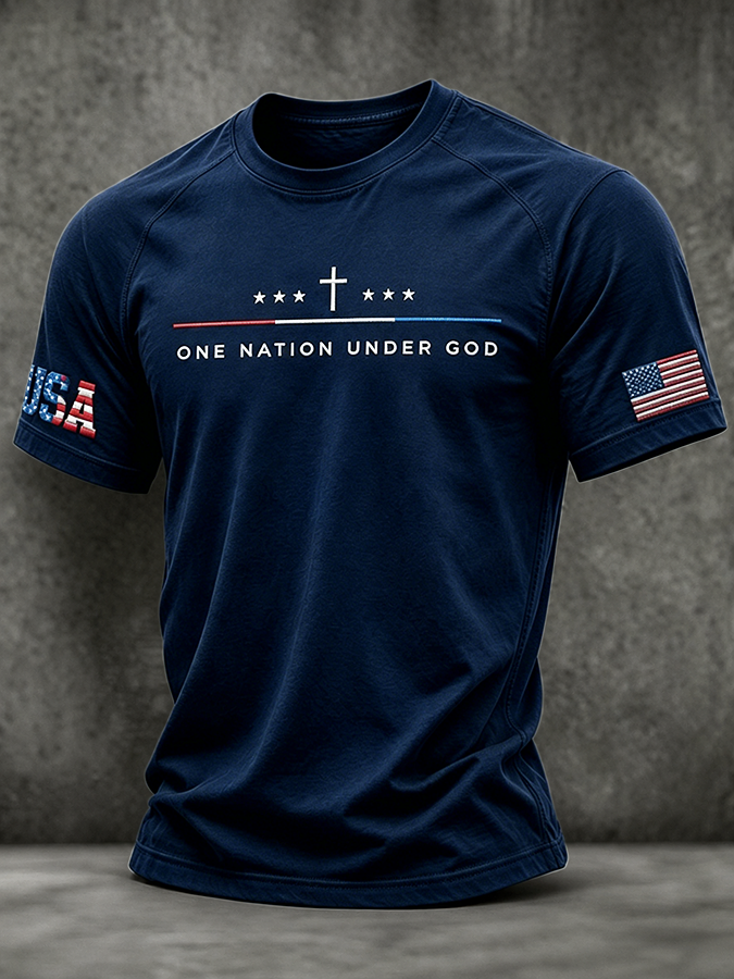 Men's One Nation Under God Cross USA Flag Embroidery Crew Neck Raglan Short Sleeve Patriotic T-Shirt