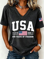 Women'S America Flag Floral Print Casual V-Neck T-Shirt