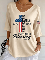 Women's God Family Country Flag Cross V Neck 3/4 Sleeve Casual Tee