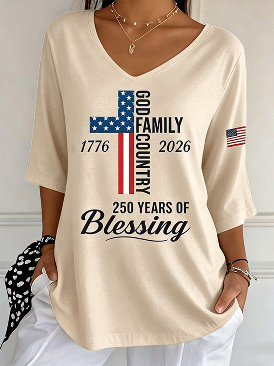 Women's God Family Country Flag Cross V Neck 3/4 Sleeve Casual Tee