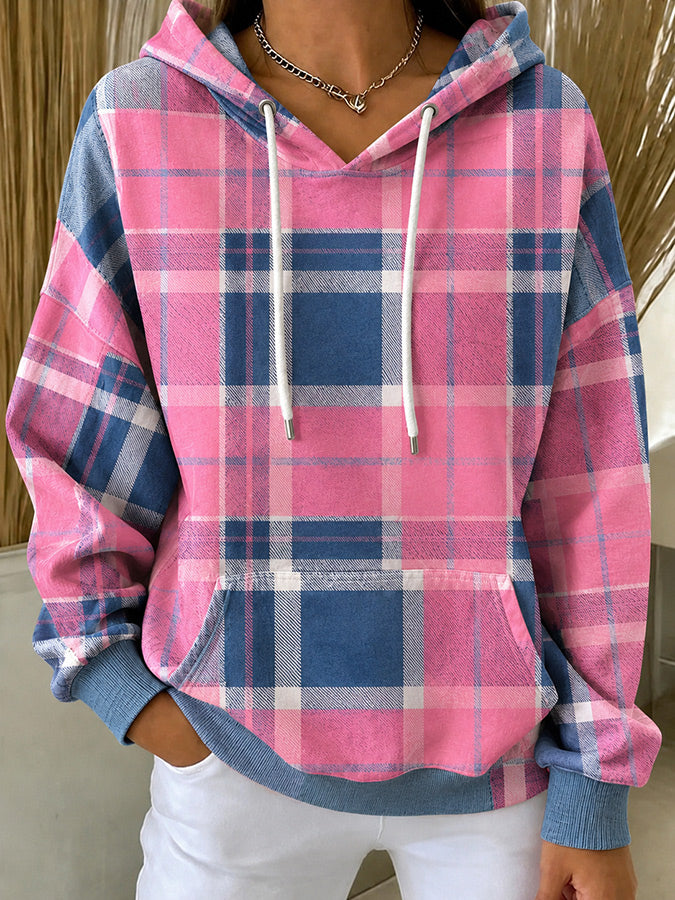 Women'S Casual Pink Artistic Plaid Hoodie