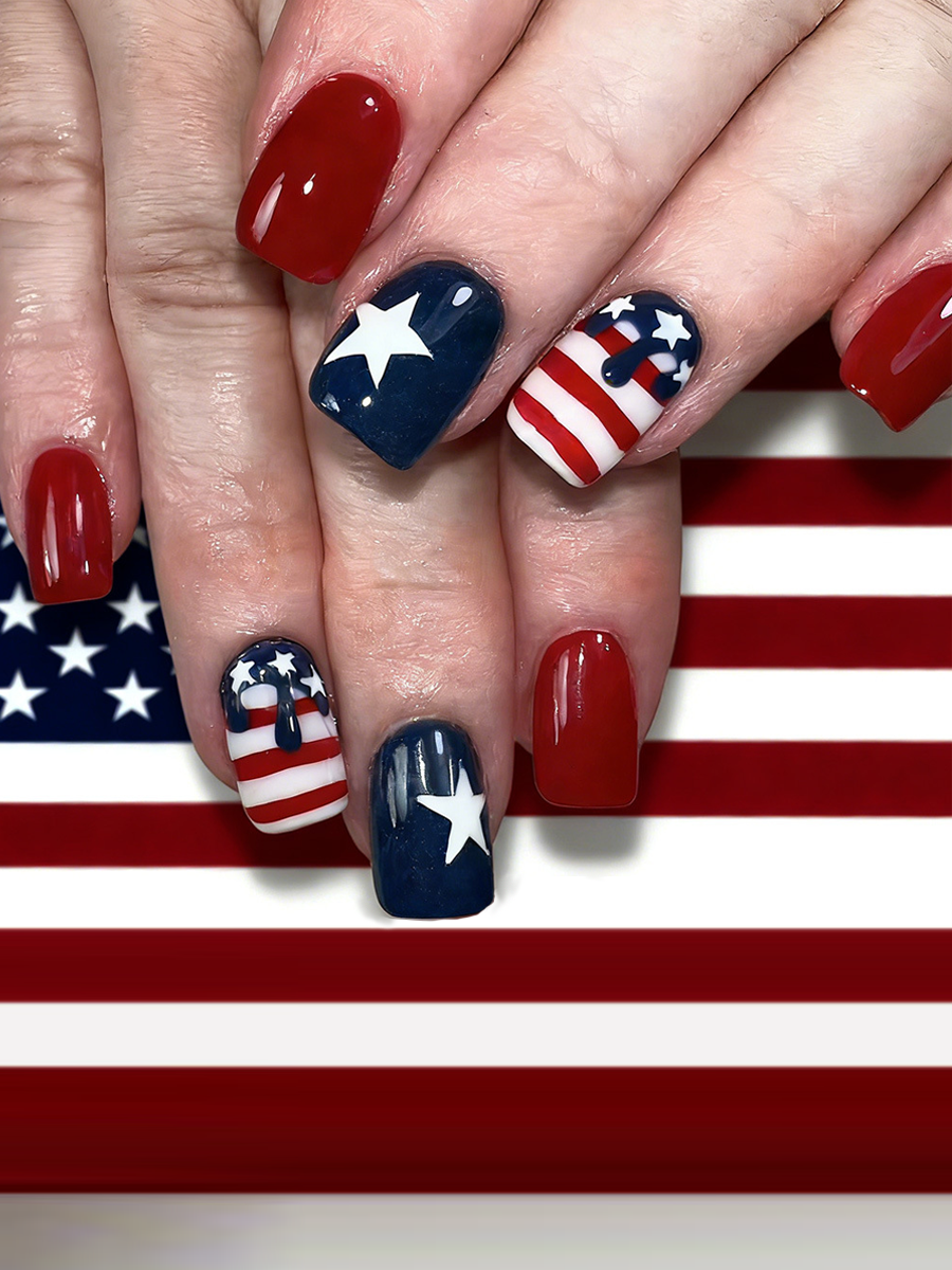 Red, White And Blue Star-shaped Pattern False Nails
