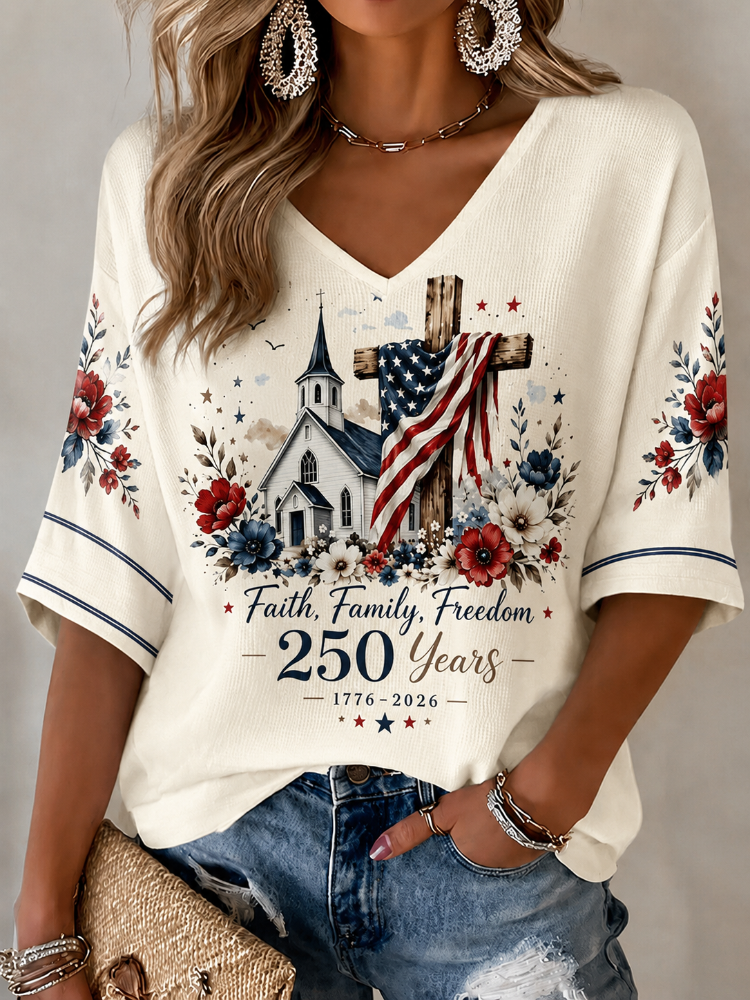 Women'S 250Th Anniversary Flag Cross Commemorative Print V-Neck