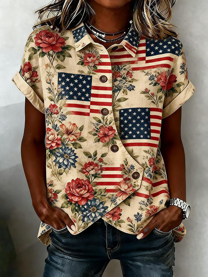 Women'S Cotton And Linen Button Design Casual American Independence Day 250Th Anniversary Short Sleeved Summer Top