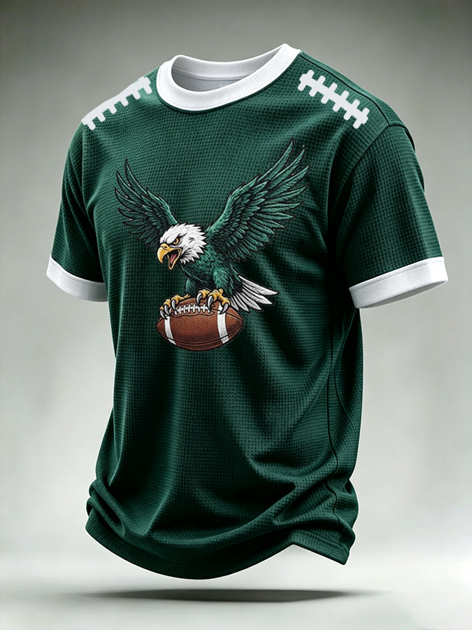 Men'S Football Collar Contrasting Color Print Waffle Round Neck T-Shirt