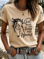 Women's This Girl Runs On Jesus And Horses Printed Casual T-Shirt