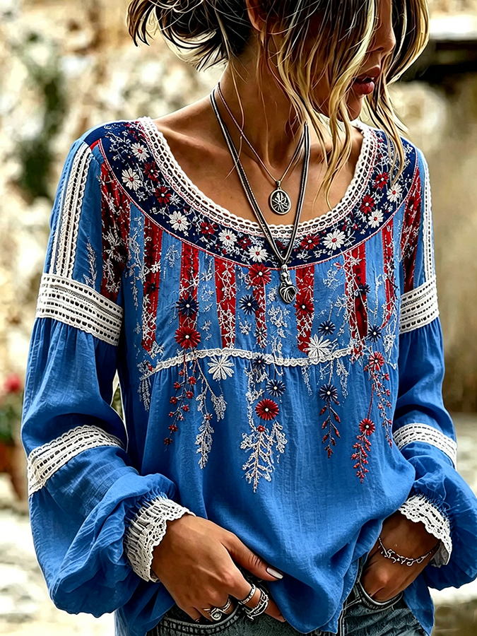 Women's Vintage American Flag Floral Art Cotton-Linen Shirt