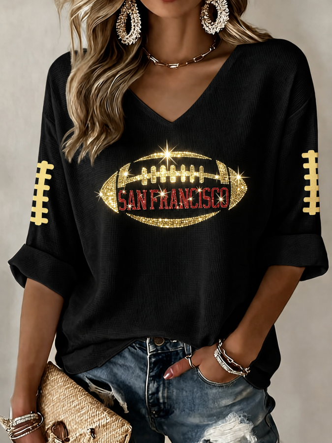 Women'S Football Print Waffle  Top