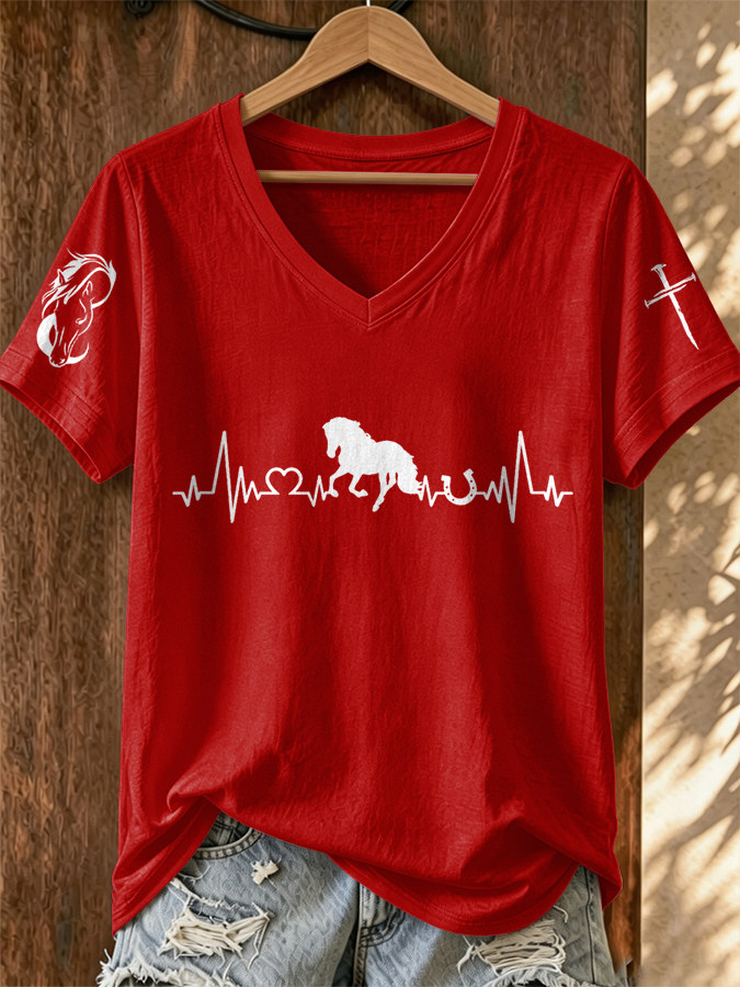 Women's Western Horse Print V-Neck T-Shirt