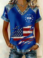 Women'S Retro American Independence Day 250Th Anniversary Printed V-Neck Short Sleeved T-Shirt