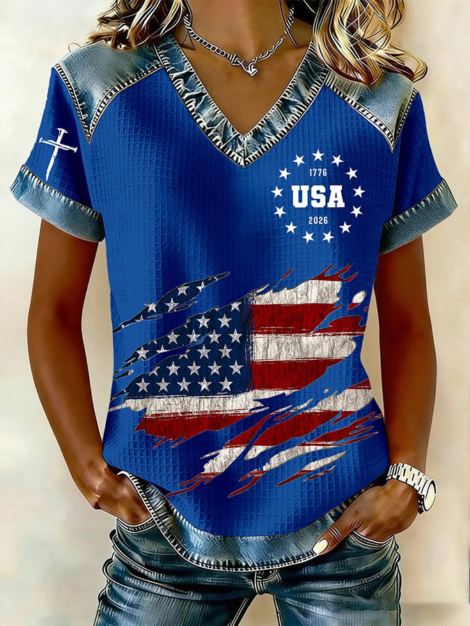 Women'S Retro American Independence Day 250Th Anniversary Printed V-Neck Short Sleeved T-Shirt