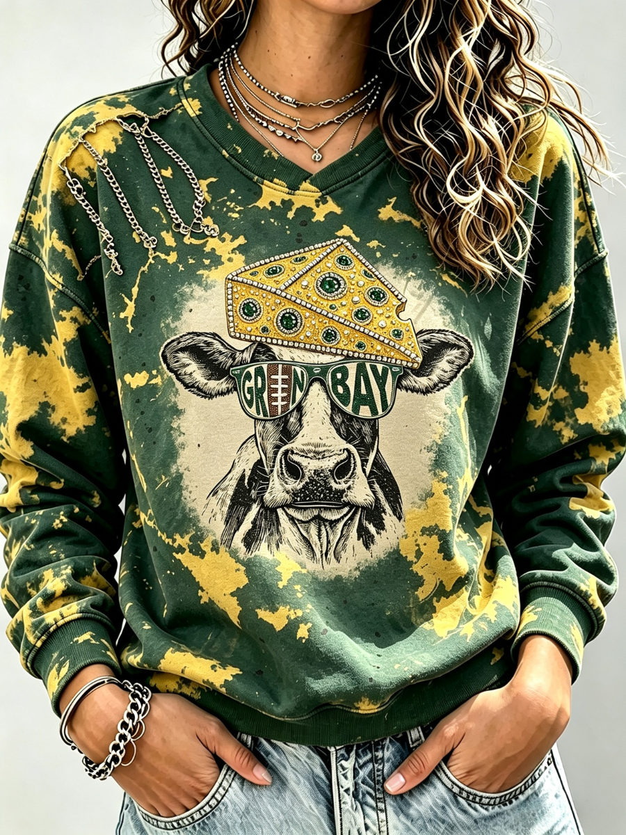 Women's Football Print V-Neck Color Block Sweatshirt