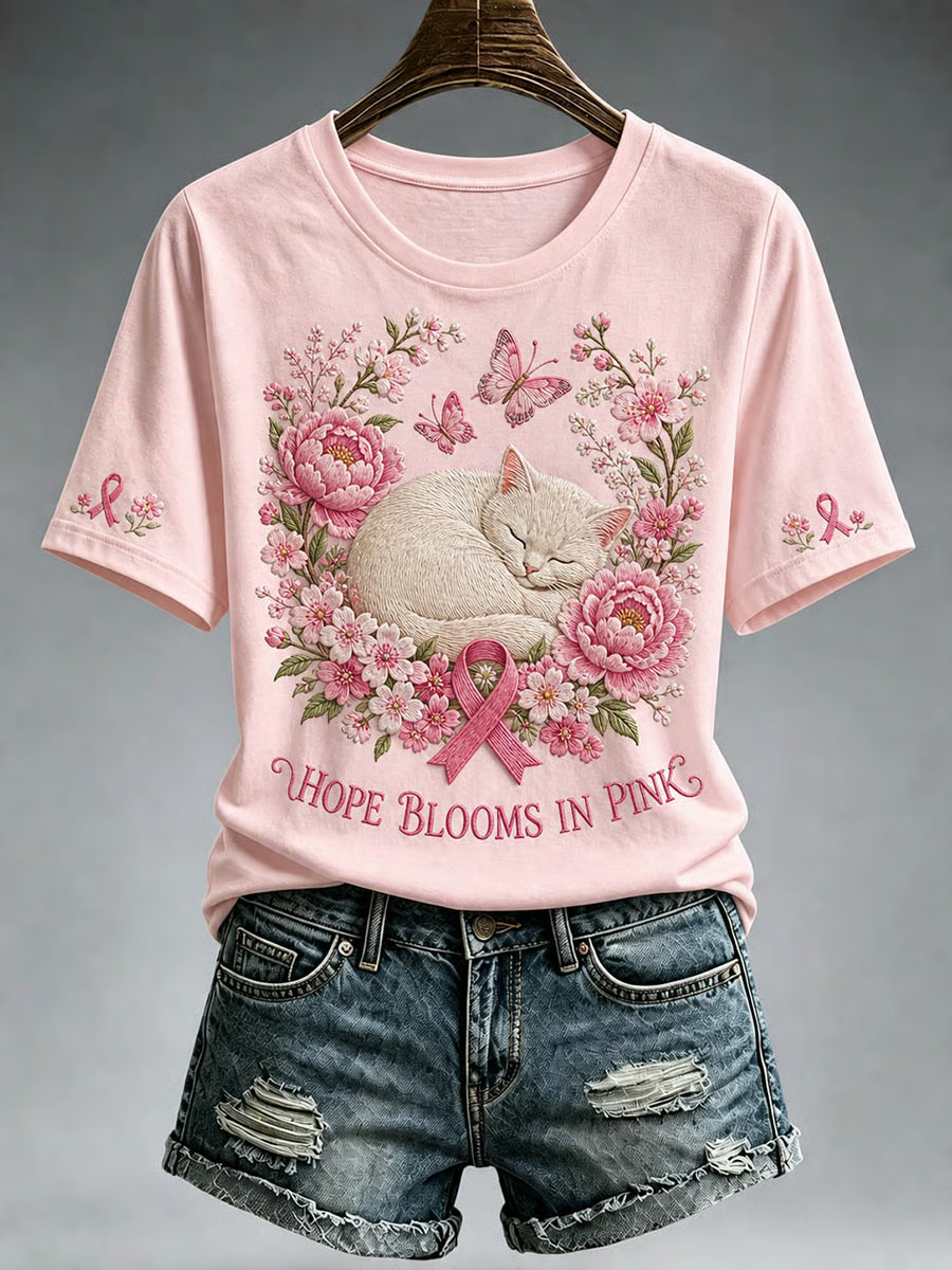 Women's Gentle Pink Peony Cat Breast Cancer Ribbon Casual T-shirt