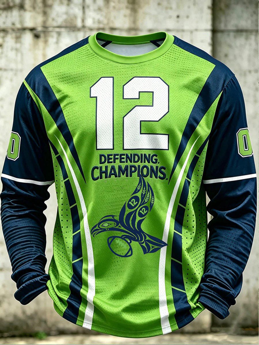 Men's Seattle Football Printed Waffle Long Sleeved Round Neck Sweatshirt