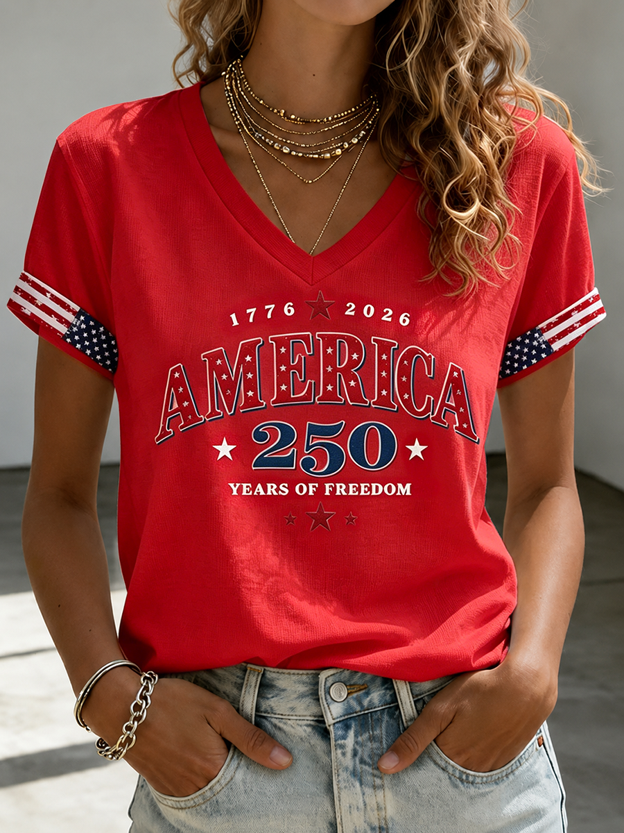 Women's Casual American 250 Celebration Printed V-Neck T-Shirt