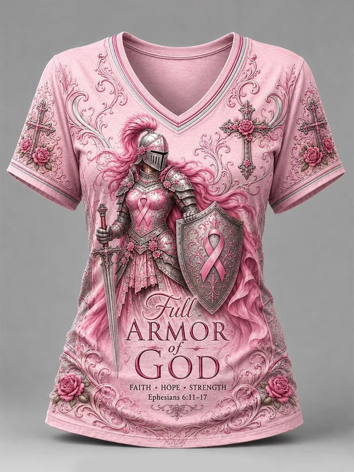 Women'S Breast Cancer Ribbon Printed V-Neck T-Shirt