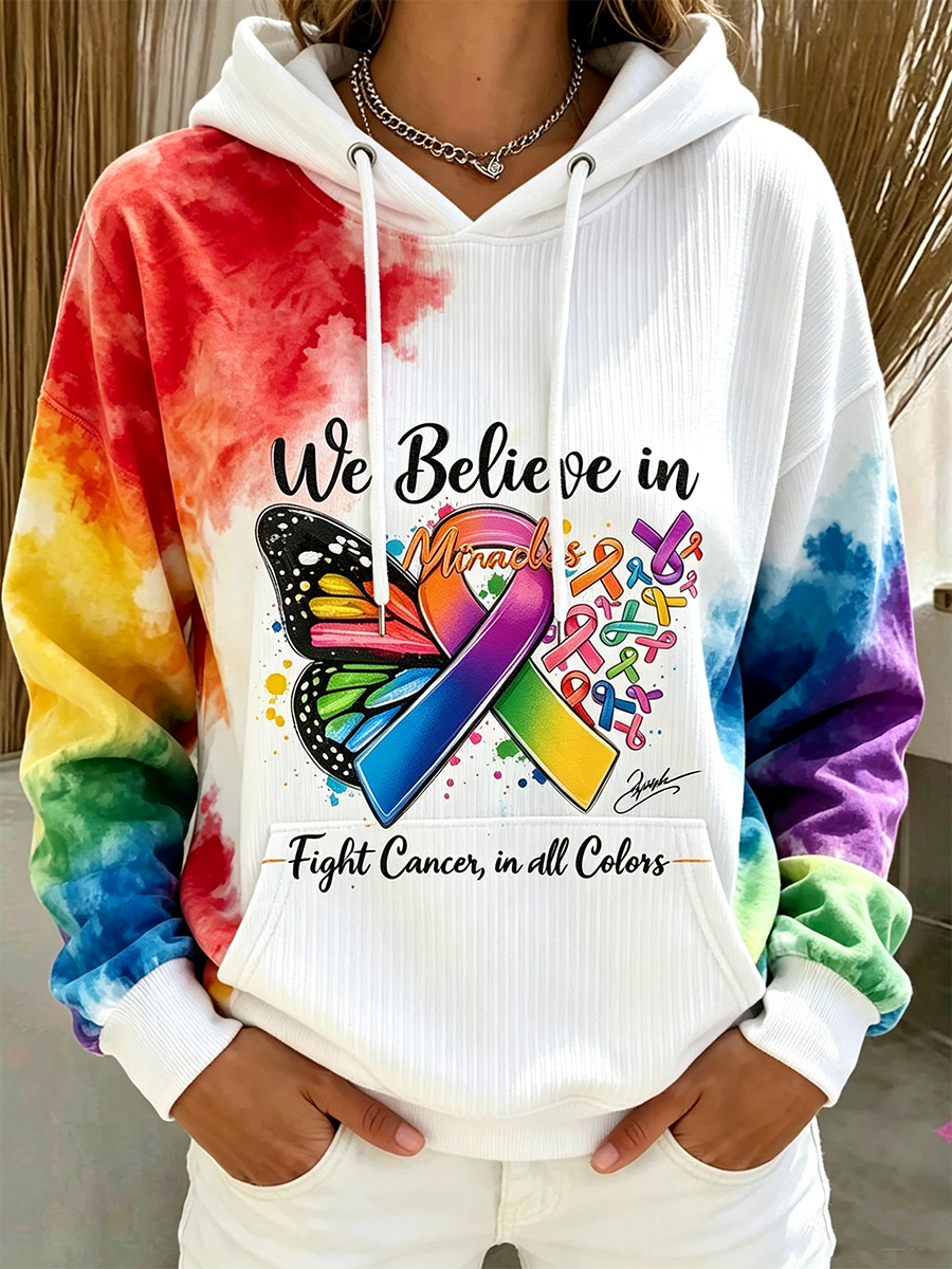 Women'S Casual Cancer Promotion Month Multi Color Print Hooded Sweatshirt