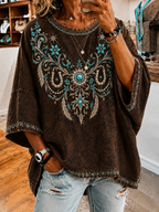 Women's Vintage Denim Print Loose Top