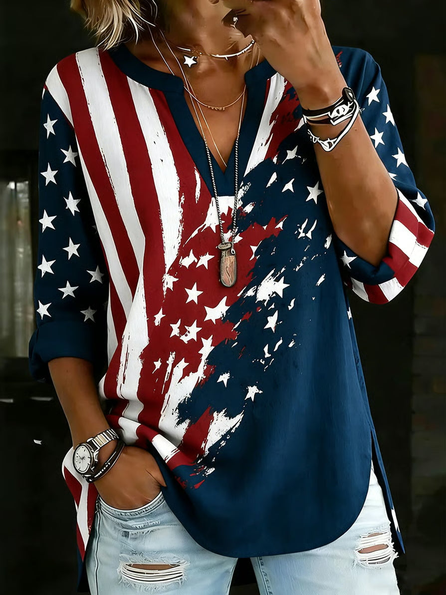 Ladies' Casual American Flag V-Neck Half Sleeved T-Shirt