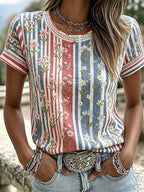 Women's Floral Embroidery Patch Casual Short Sleeved Round Neck Top