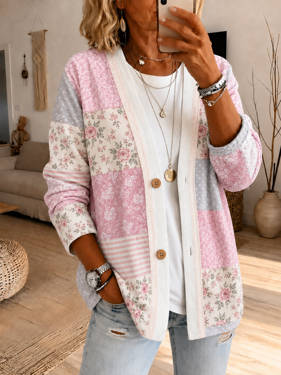 Women'S Floral Print Casual Cardigan