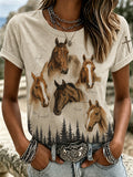 Retro Ethnic Floral Art Printed Round Neck Women's T-Shirt