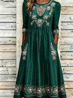 Vintage Western Floral Print Women's Long-Sleeve Linen Maxi Dress
