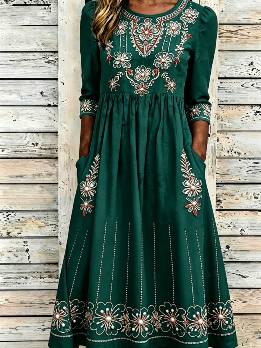 Vintage Western Floral Print Women's Long-Sleeve Linen Maxi Dress