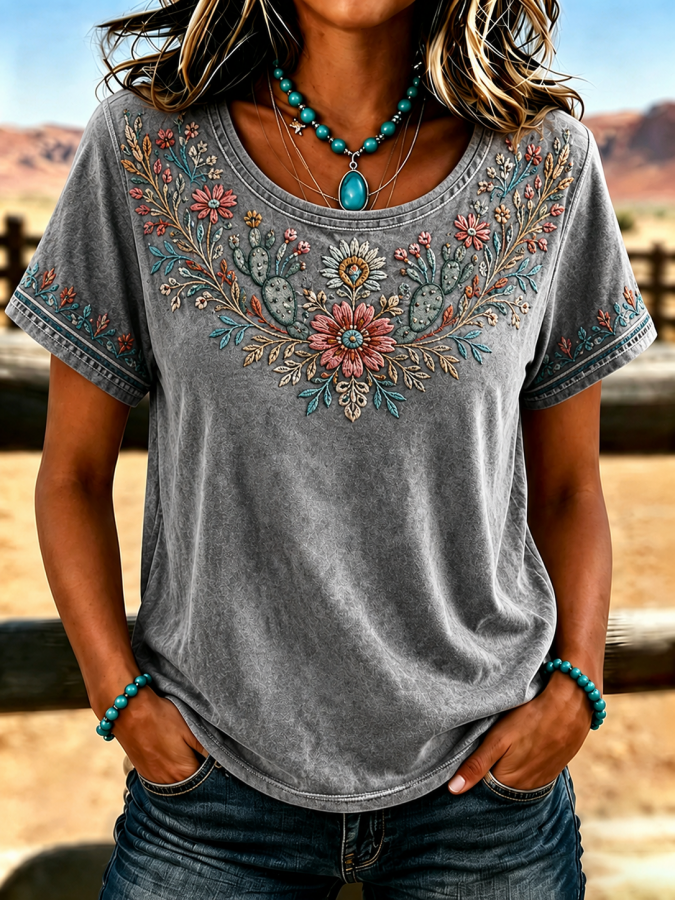 Women's Retro Ethnic Art Printed Round Neck T-Shirt