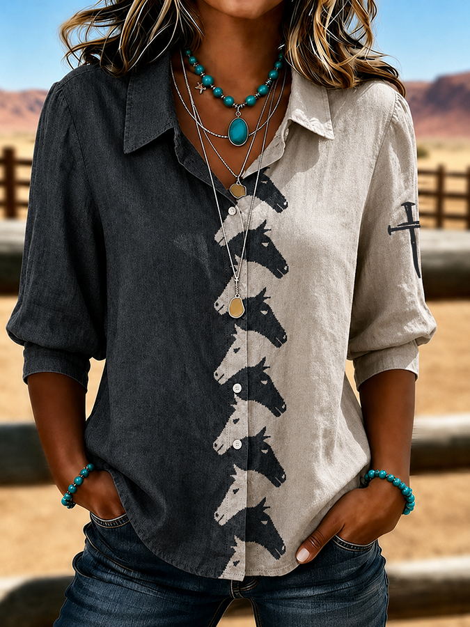 Women's Western Style Cross Retro Printed Shirt