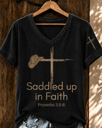 Women'S Retro WesternSaddled Up in Faith  V-Neck T-Shirt
