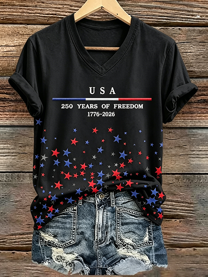 250Th Anniversary American Embroidery Commemorative V-Neck Short Sleeved T-Shirt