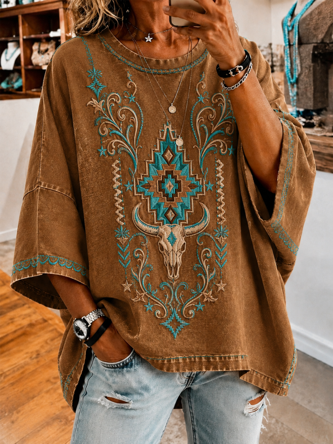 Women's Vintage Denim Print Loose Top